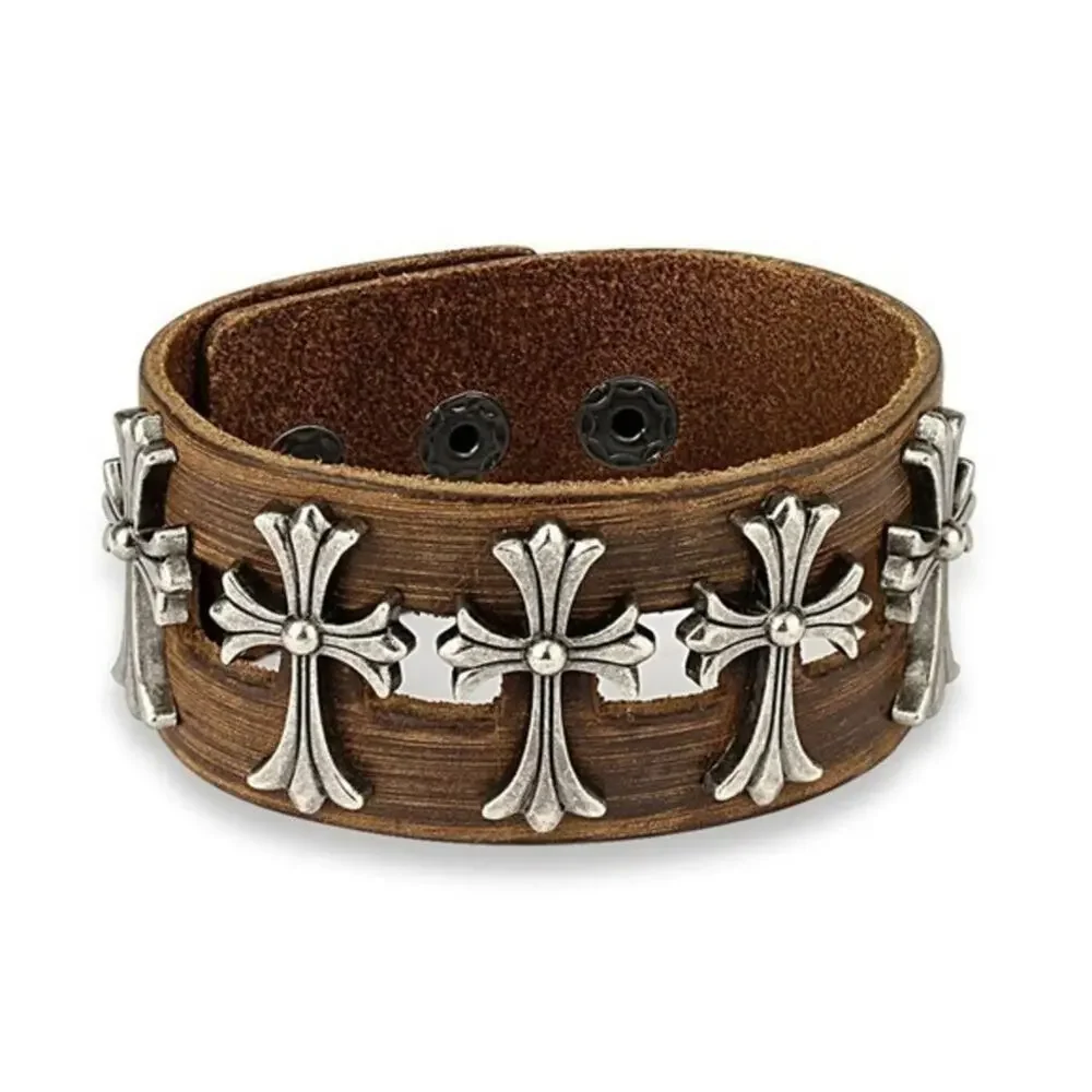 NWOT Five Metal Celtic Crosses Centered Adjustable Leather Bracelet